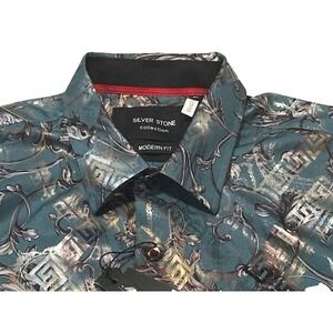 Silver Stone Men's Modern Fit Long-Sleeve Button-Up Teal/Silver Shirt NWT Size L